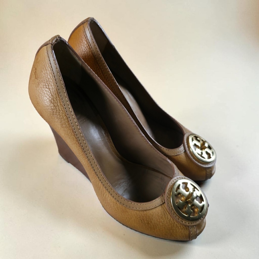 Tory Burch Selma Open Toe 95mm Wedge Royal Tan Size 7.5 M Brown Leather